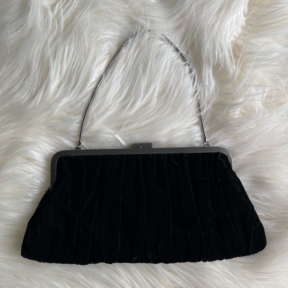 Black Velvet Evening Bag Clutch with Smooth Gunmetal Finish and Optional Strap